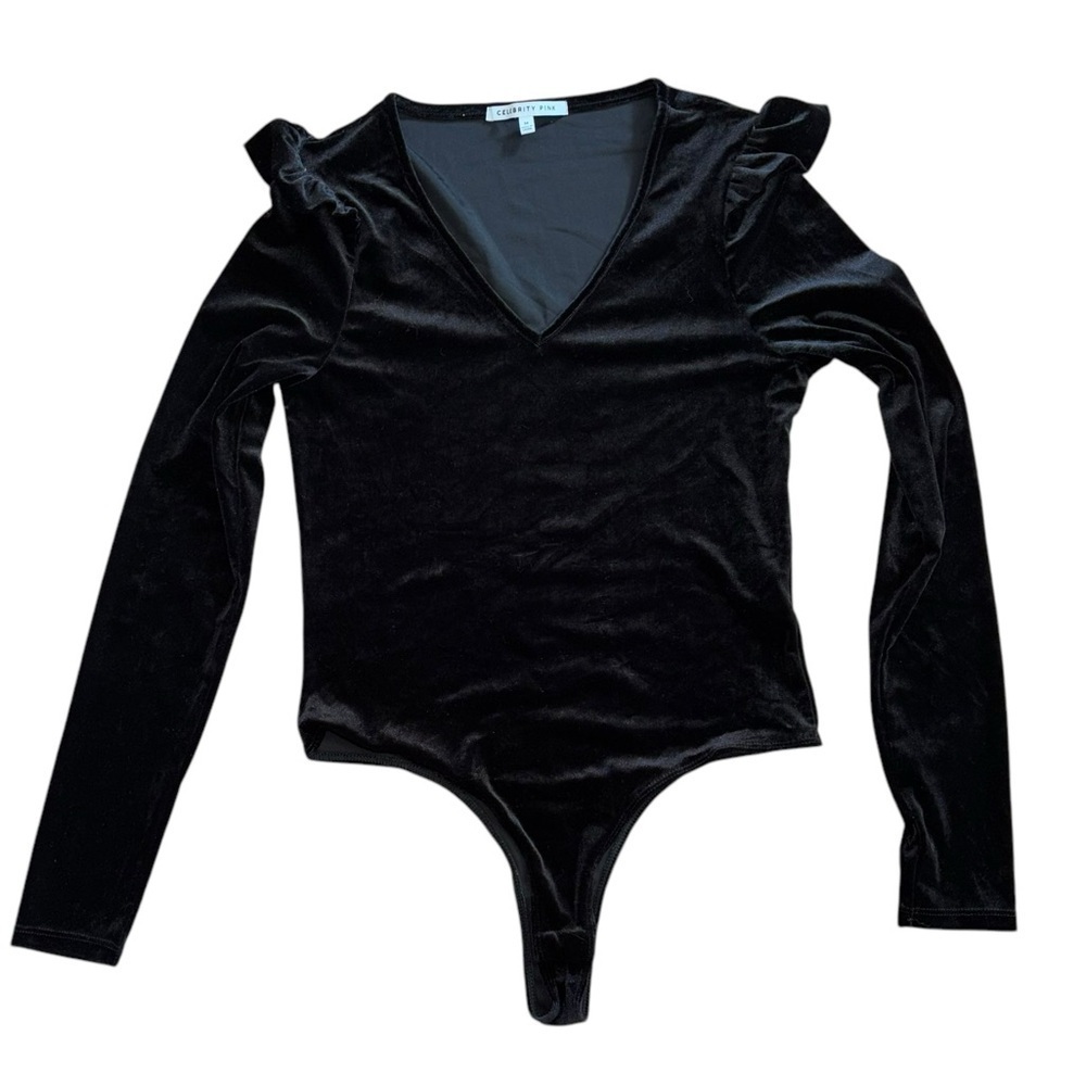 Celebrity Pink Black Velvet Ruffle Bodysuit Womens M Holiday Party Dance Festive - Picture 3 of 12